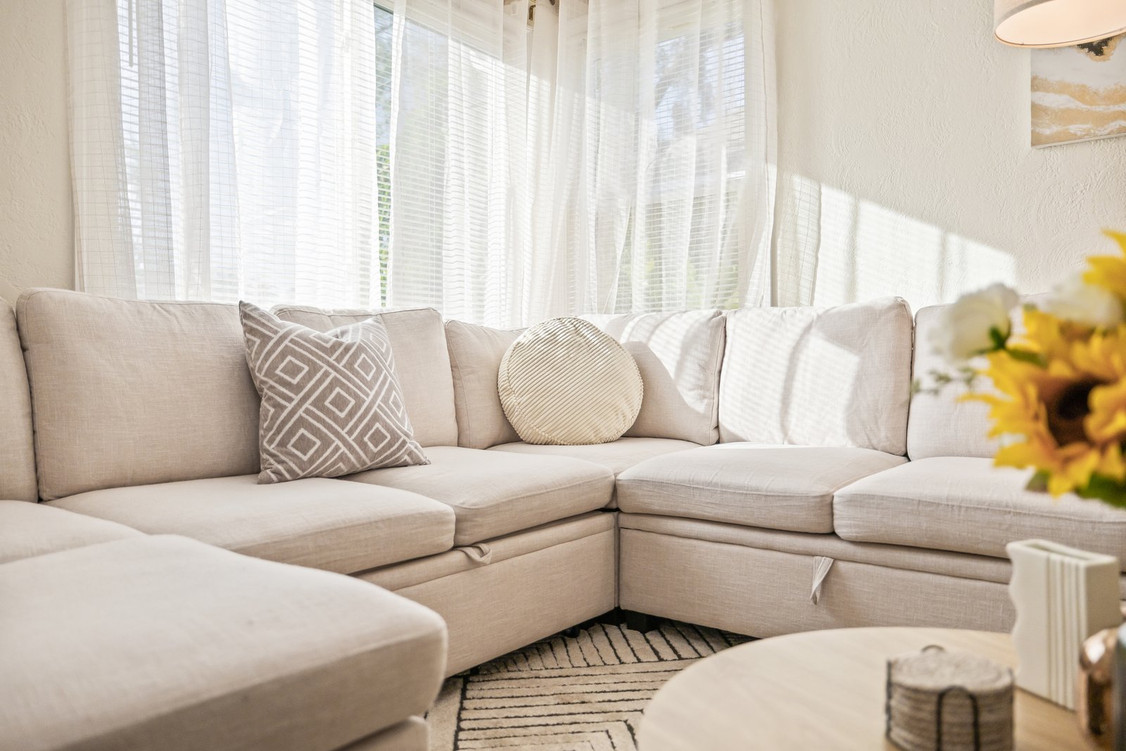 Soft guest-ready living room inside a Home Haven rental
